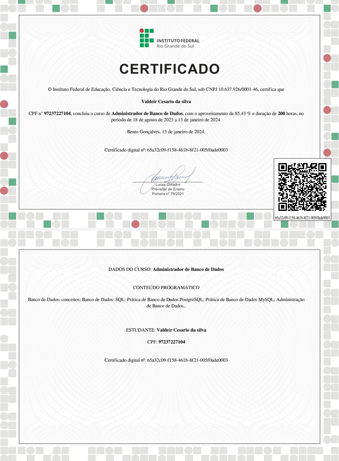 Certificado do curso de Administrador de Banco de Dados